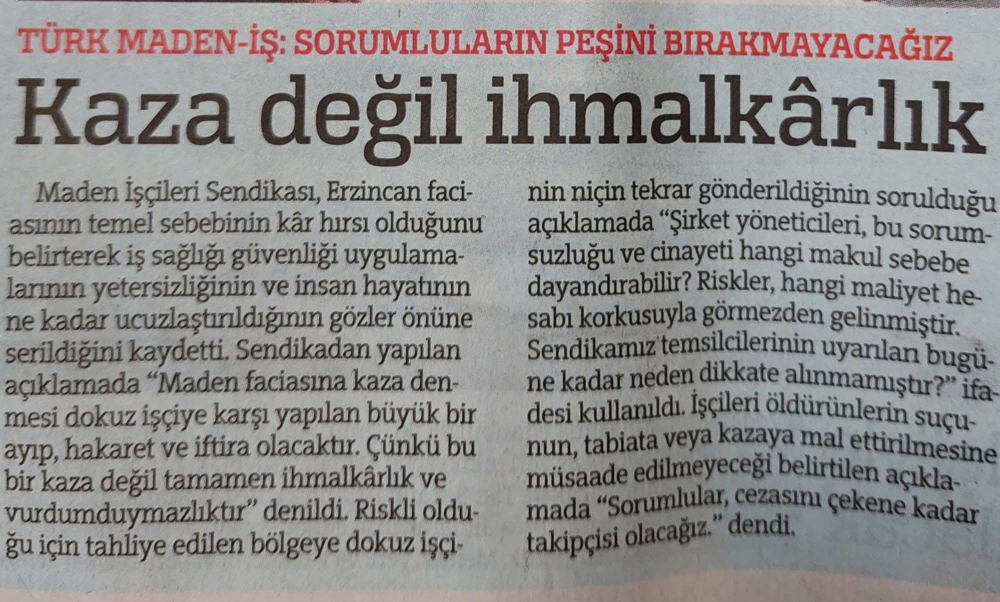 Açıklamalarımız Basılı Medyada Da Yer Aldı